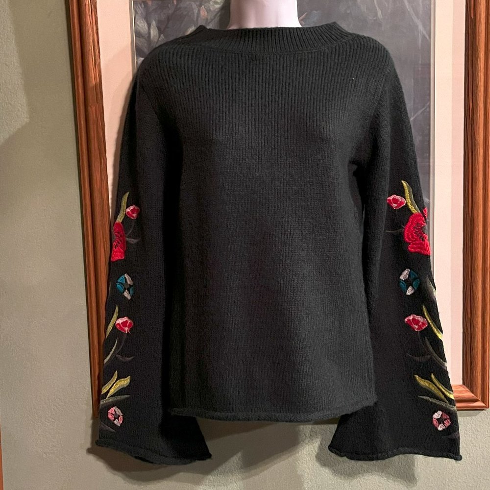 Olive Sweater with Embroidered Sleeves